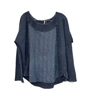 Free People Blue Distressed Lace Eyelet‎ Long Sleeve Tee Navy Small Boho